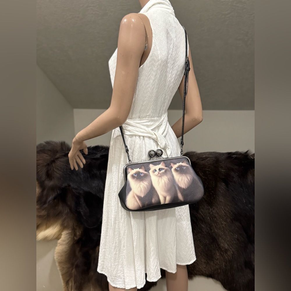 Unique Cats Print Pebble Cowhide Handmade Large Ball Kisslock Handbag, Multi Use - Picture 8 of 16